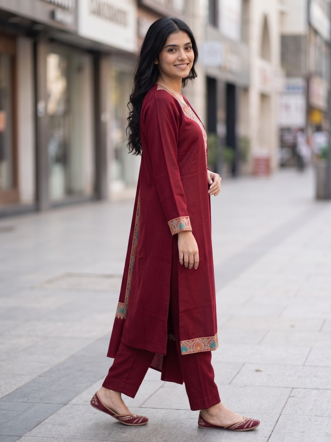 Peachmode Maroon Woolen Paisley Embroidered Salwar Suit with Dupatta - Image 3