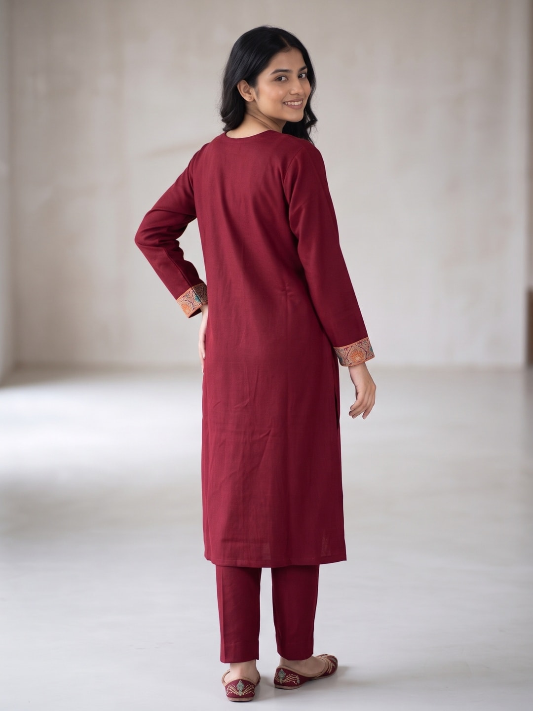 Peachmode Maroon Woolen Paisley Embroidered Salwar Suit with Dupatta - Image 4