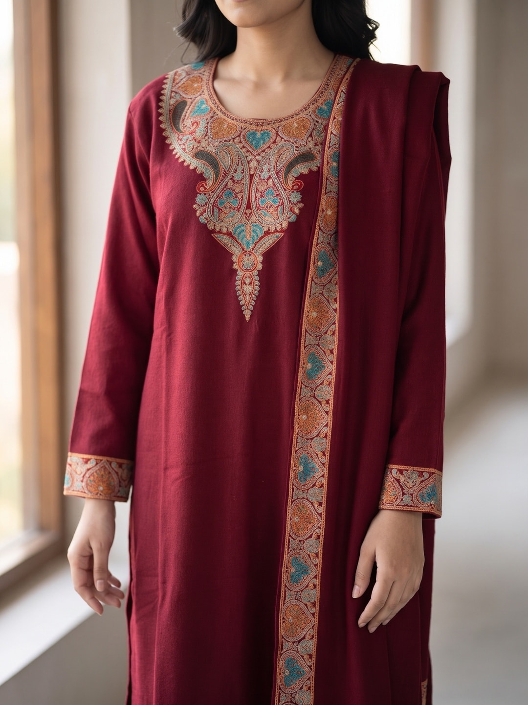 Peachmode Maroon Woolen Paisley Embroidered Salwar Suit with Dupatta - Image 5