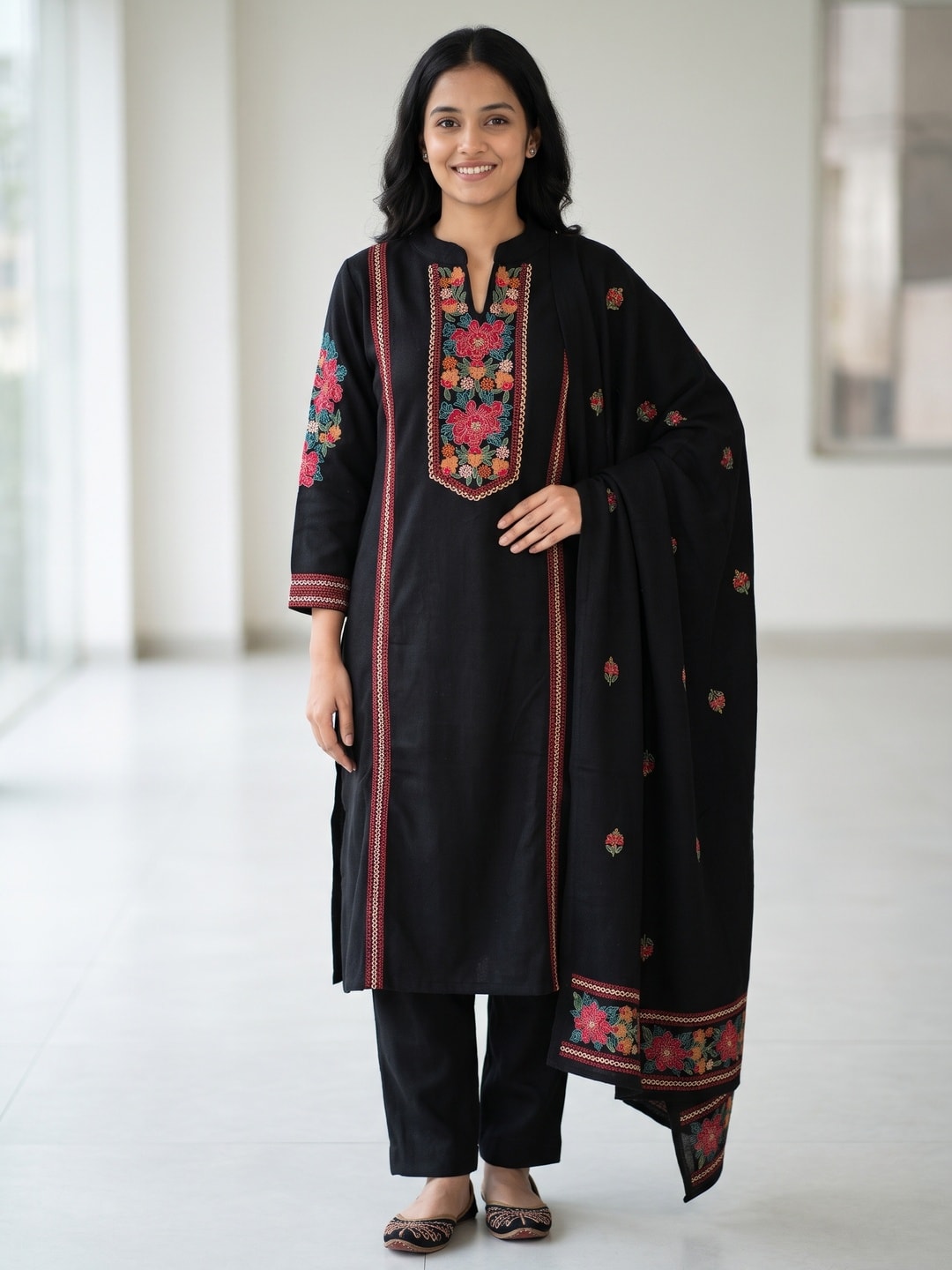 Peachmode Black Woolen Floral Yoke Embroidered Salwar Suit with Dupatta - Image 1