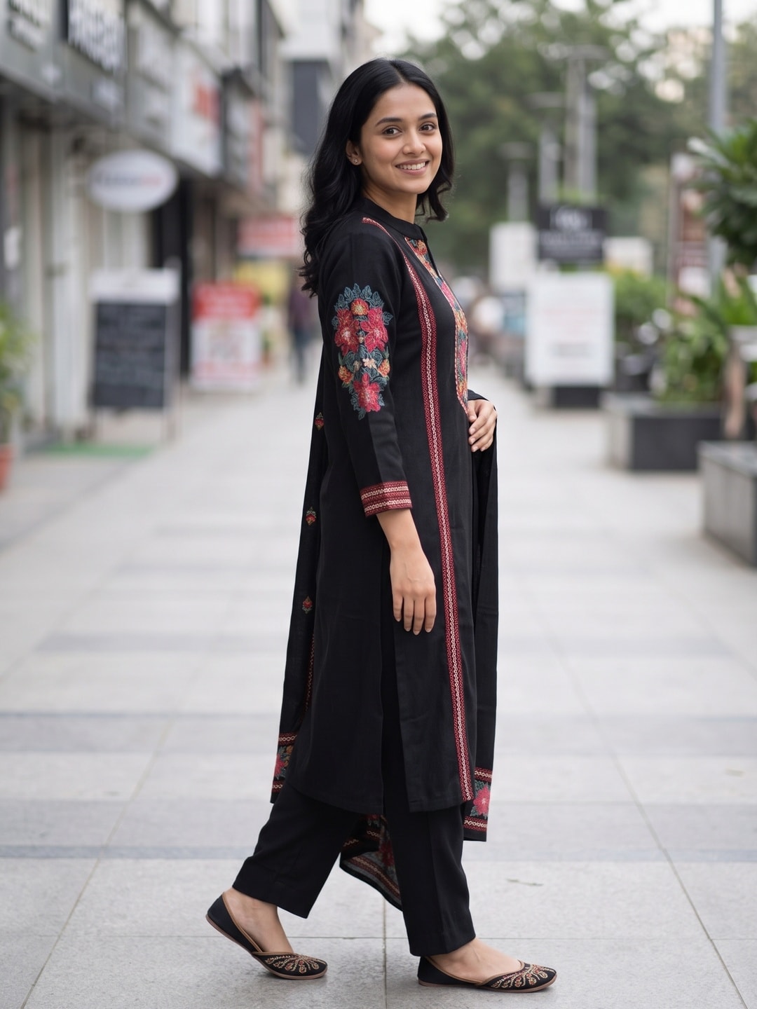 Peachmode Black Woolen Floral Yoke Embroidered Salwar Suit with Dupatta - Image 3