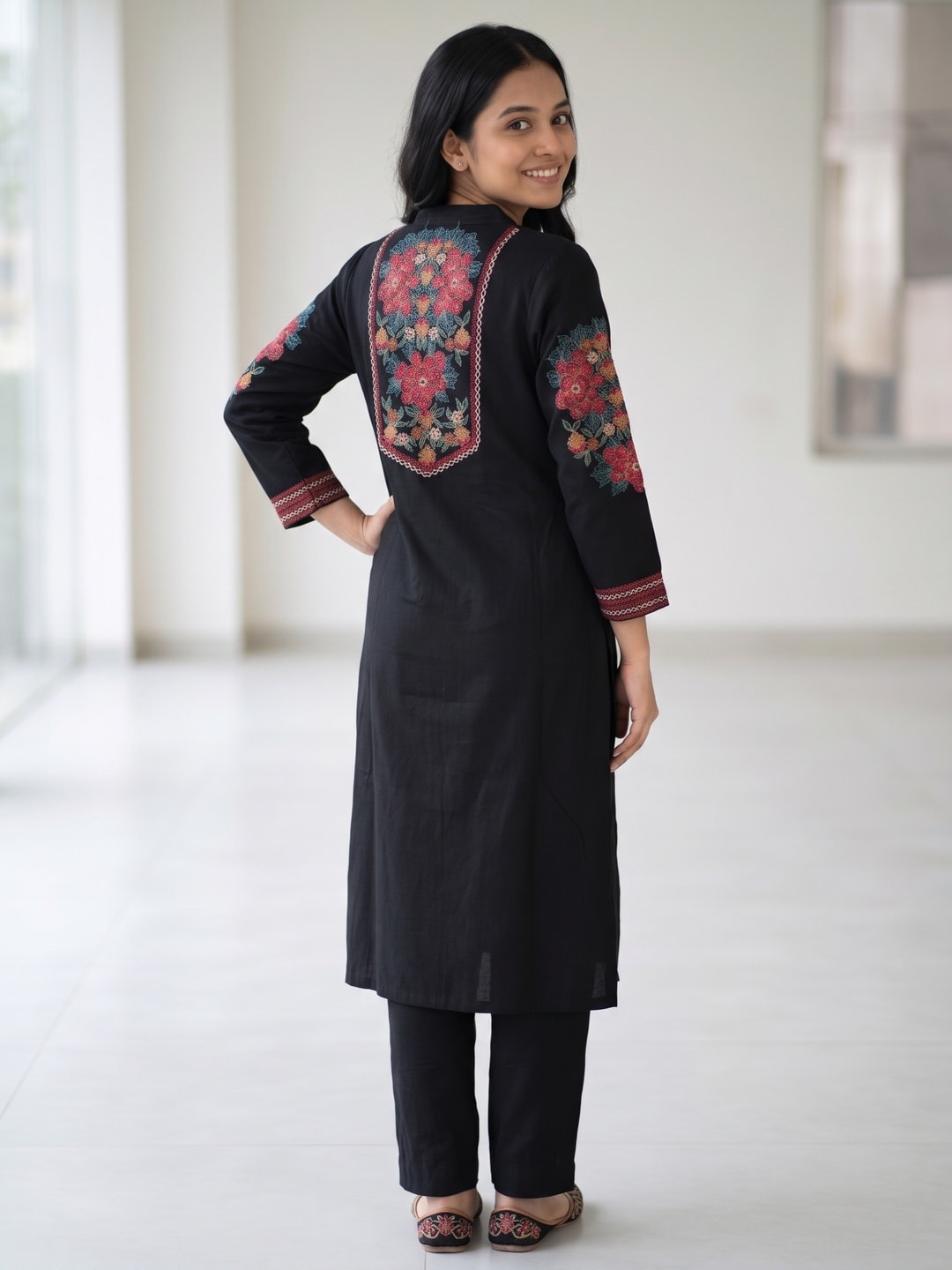 Peachmode Black Woolen Floral Yoke Embroidered Salwar Suit with Dupatta - Image 4