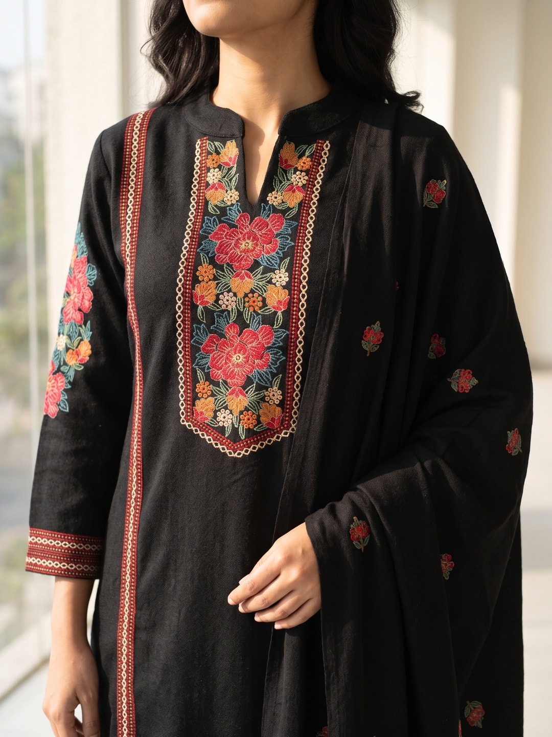 Peachmode Black Woolen Floral Yoke Embroidered Salwar Suit with Dupatta - Image 5