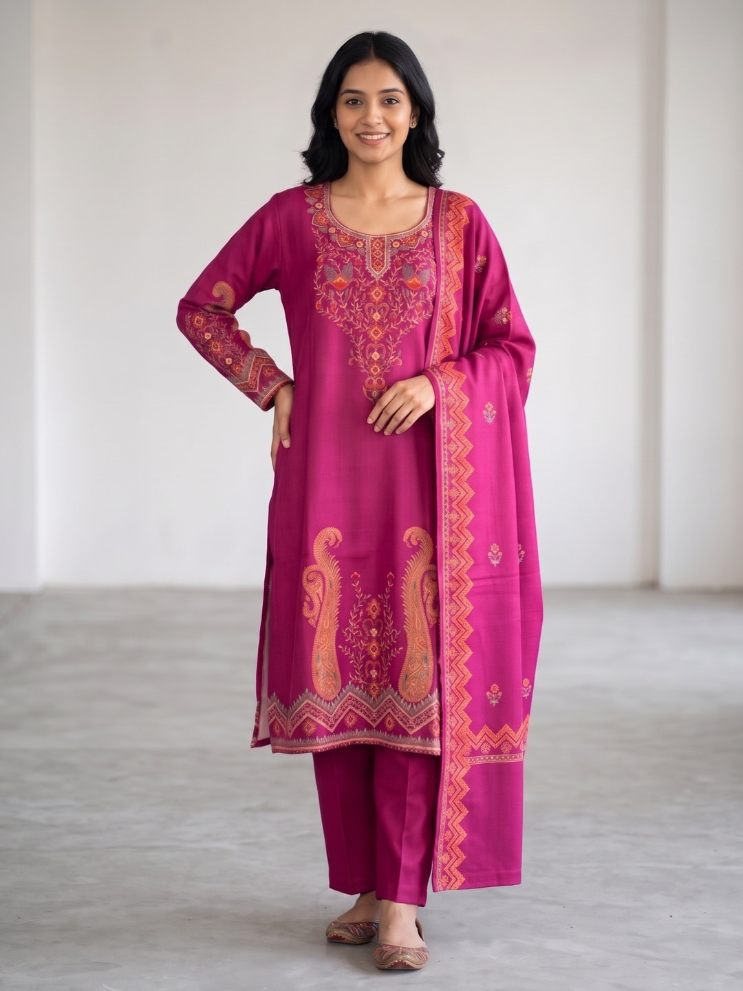 Peachmode Magenta Woolen Paisley Embroidered Salwar Suit with Dupatta - Image 1