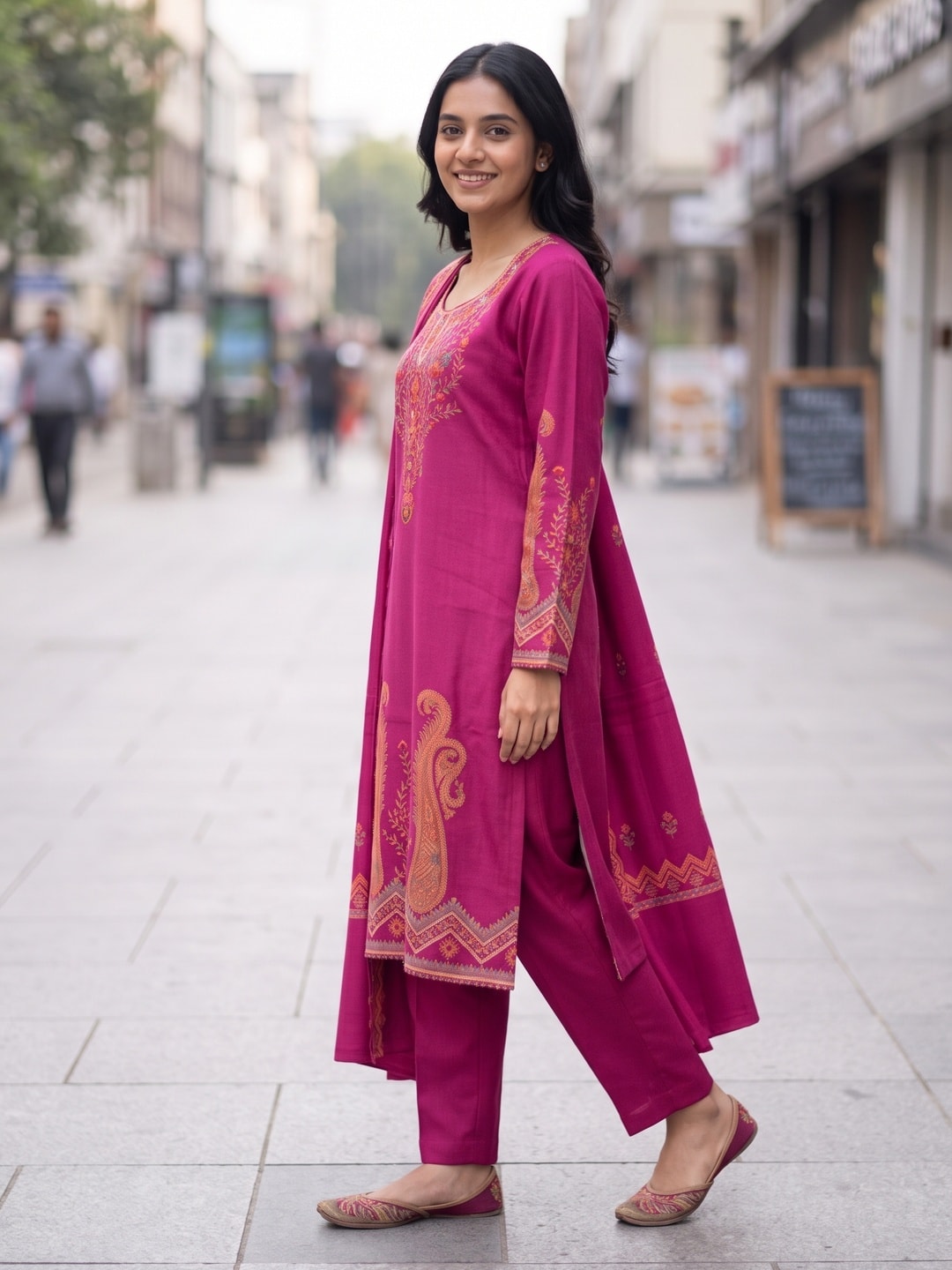 Peachmode Magenta Woolen Paisley Embroidered Salwar Suit with Dupatta - Image 3