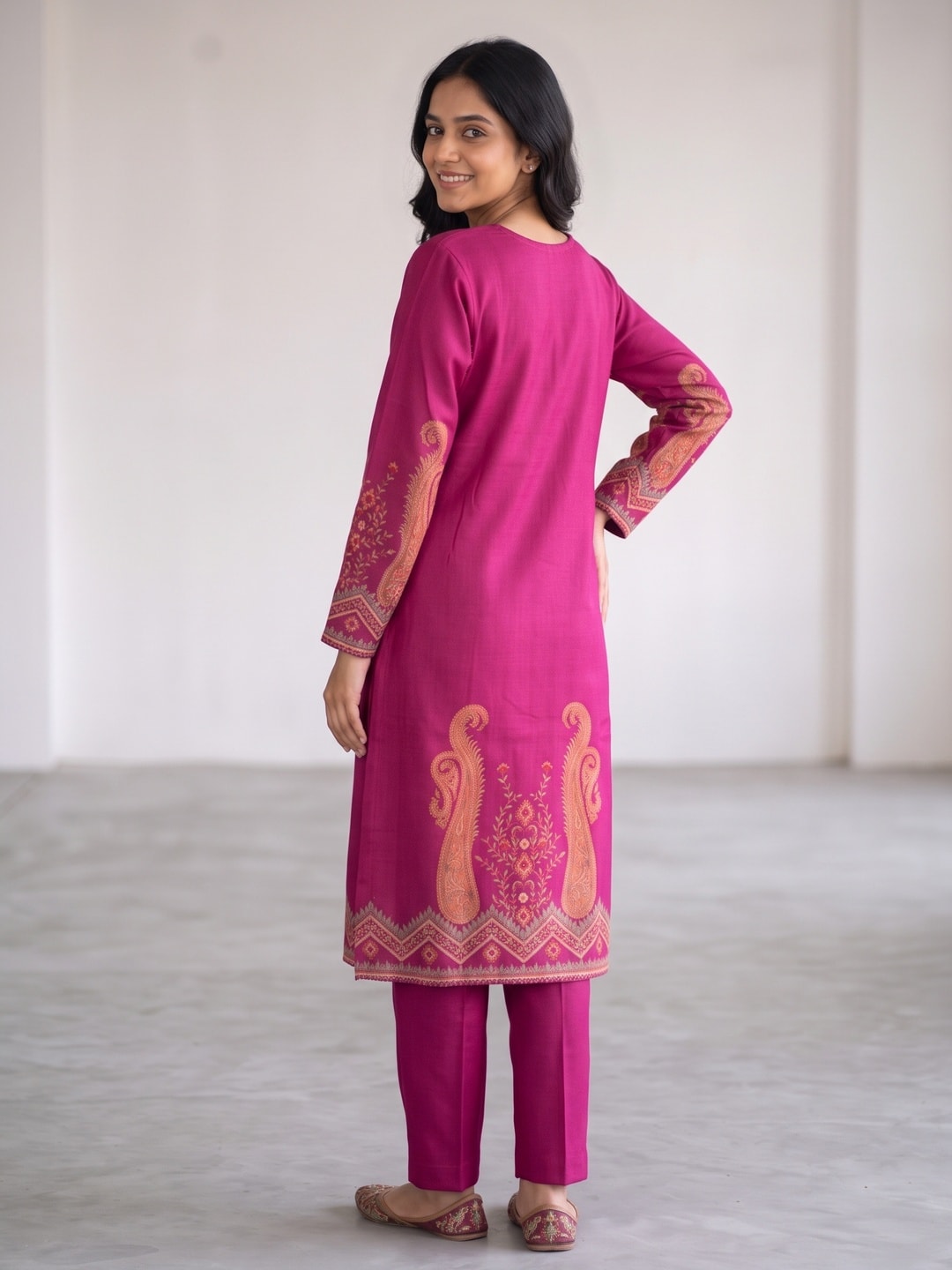 Peachmode Magenta Woolen Paisley Embroidered Salwar Suit with Dupatta - Image 4