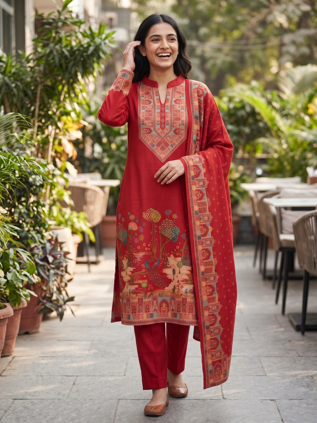 Peachmode Red Woolen Printed Yoke and Pictorial Border Salwar Suit with Dupatta - Image 2