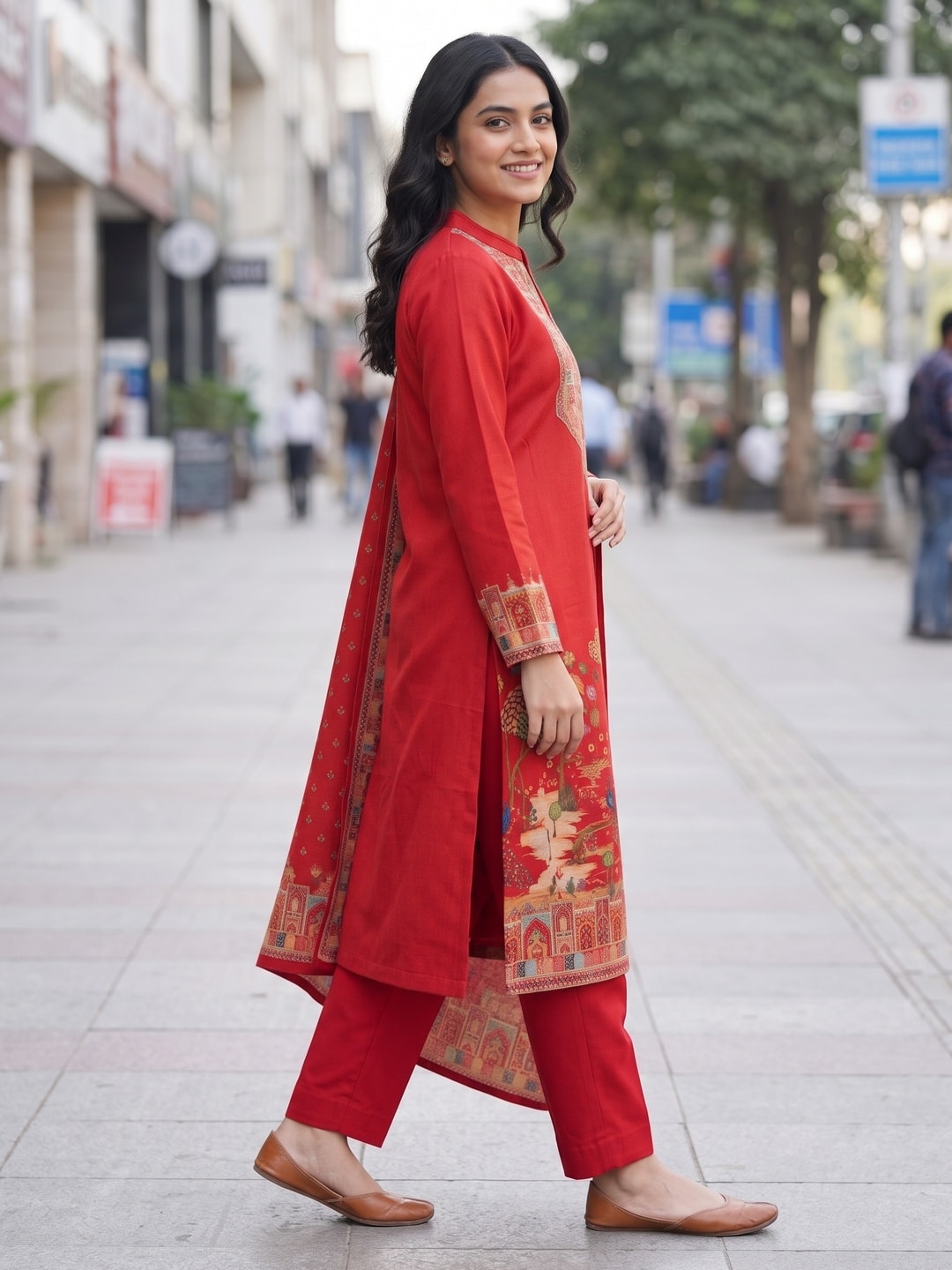 Peachmode Red Woolen Printed Yoke and Pictorial Border Salwar Suit with Dupatta - Image 3