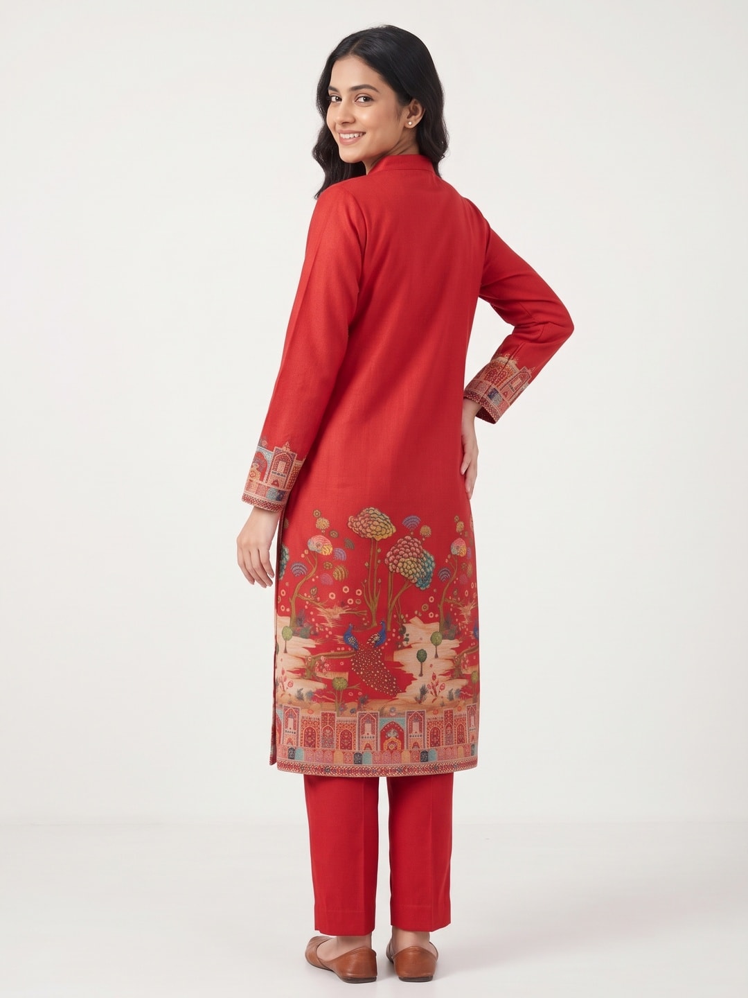 Peachmode Red Woolen Printed Yoke and Pictorial Border Salwar Suit with Dupatta - Image 4