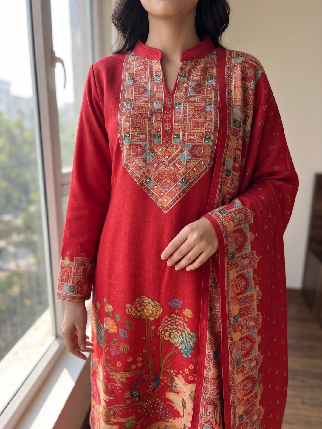 Peachmode Red Woolen Printed Yoke and Pictorial Border Salwar Suit with Dupatta - Image 5