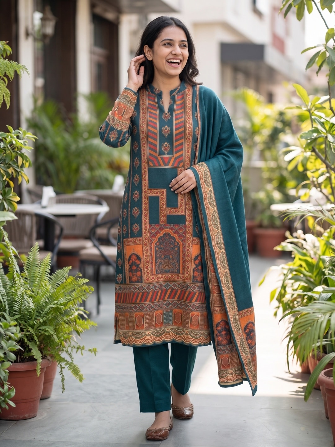 Peachmode Teal Woolen Geometric Print Salwar Suit with Dupatta - Image 2