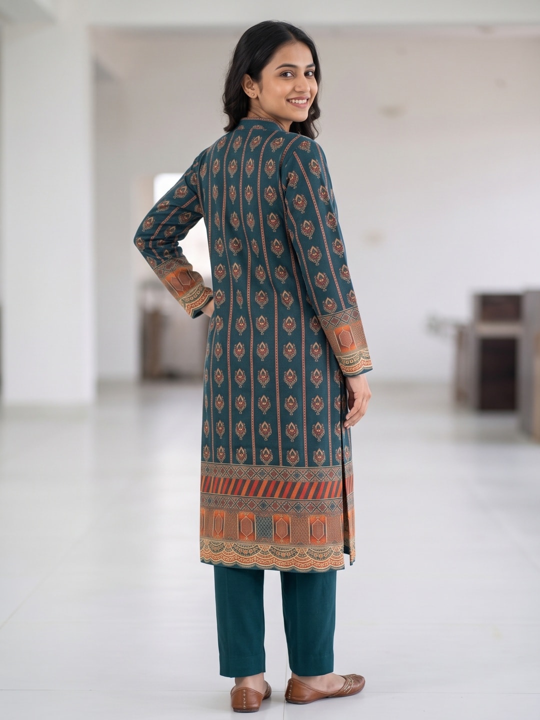 Peachmode Teal Woolen Geometric Print Salwar Suit with Dupatta - Image 4