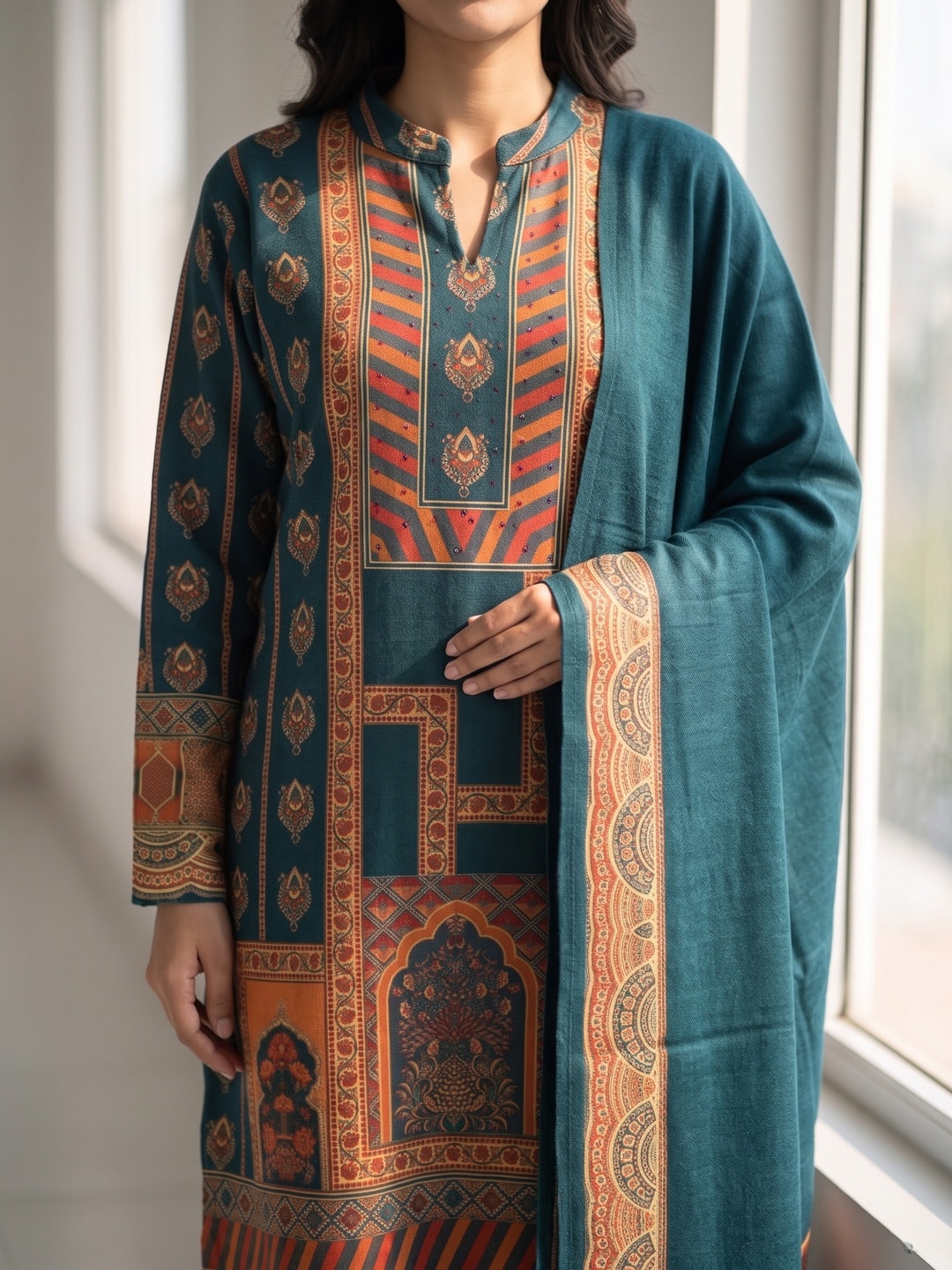 Peachmode Teal Woolen Geometric Print Salwar Suit with Dupatta - Image 5