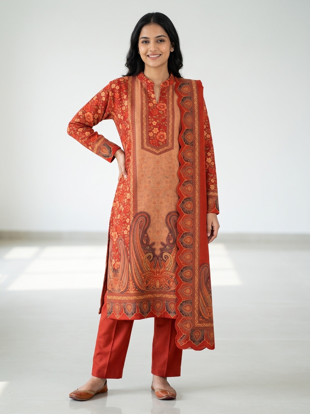 Peachmode Red Woolen Floral Paisley Print Salwar Suit with Dupatta - Image 1