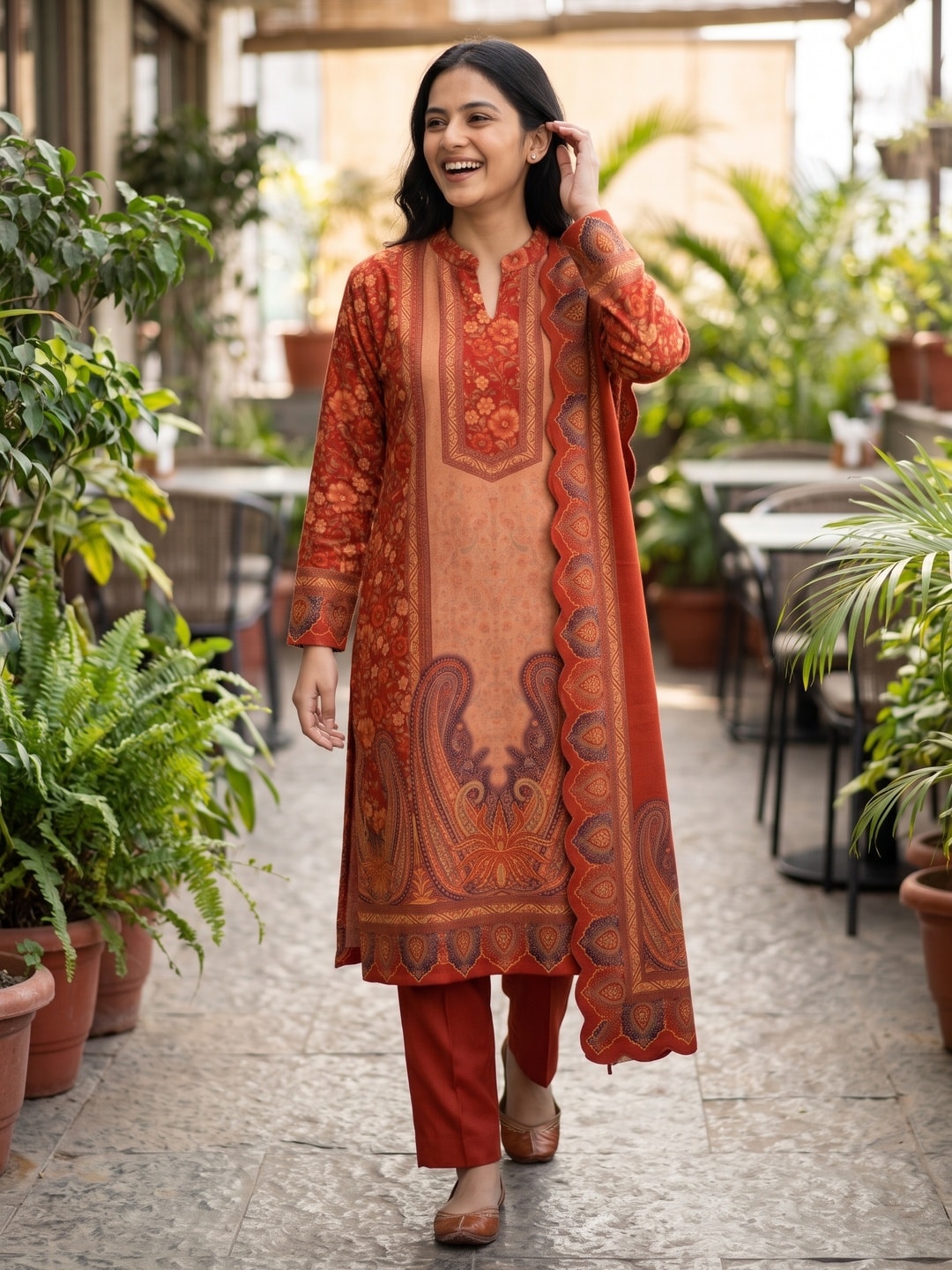 Peachmode Red Woolen Floral Paisley Print Salwar Suit with Dupatta - Image 2