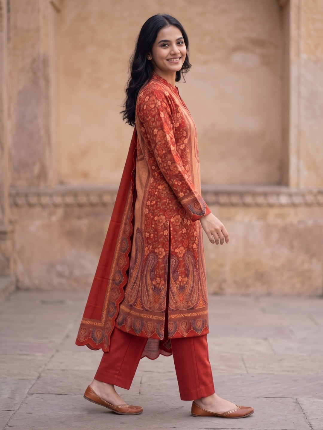 Peachmode Red Woolen Floral Paisley Print Salwar Suit with Dupatta - Image 3