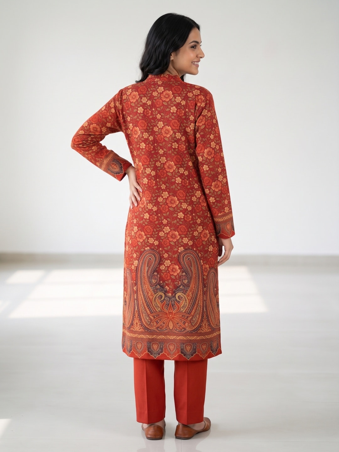 Peachmode Red Woolen Floral Paisley Print Salwar Suit with Dupatta - Image 4