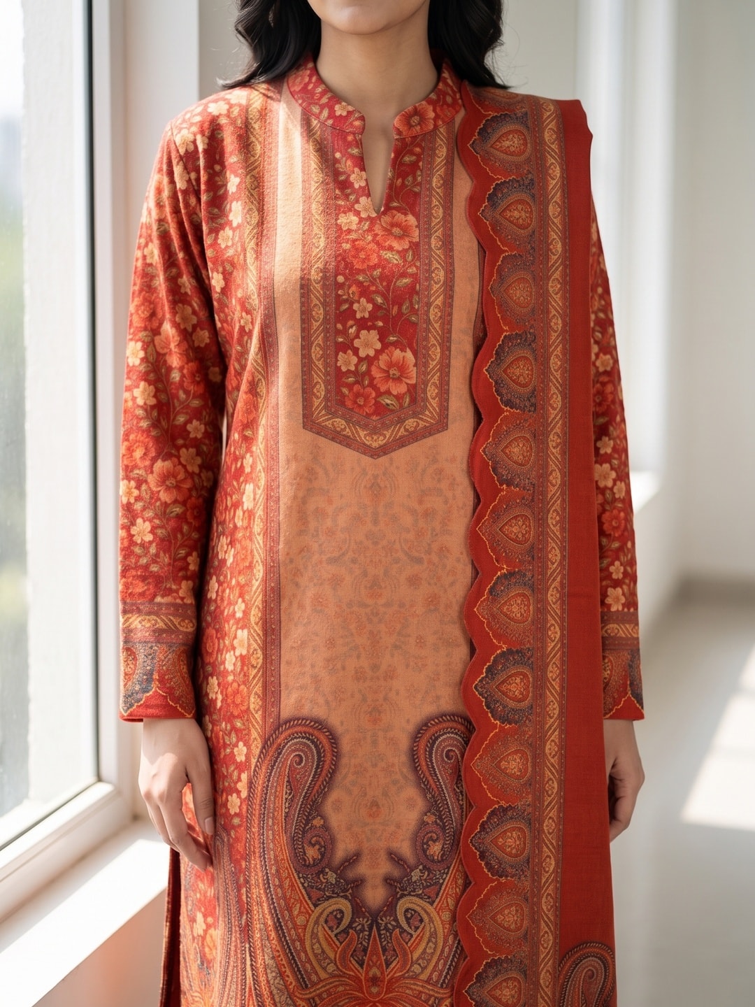 Peachmode Red Woolen Floral Paisley Print Salwar Suit with Dupatta - Image 5