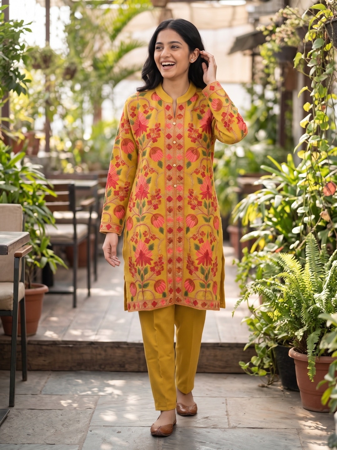 Peachmode Mustard Woolen Floral Embroidered Salwar Suit - Image 2