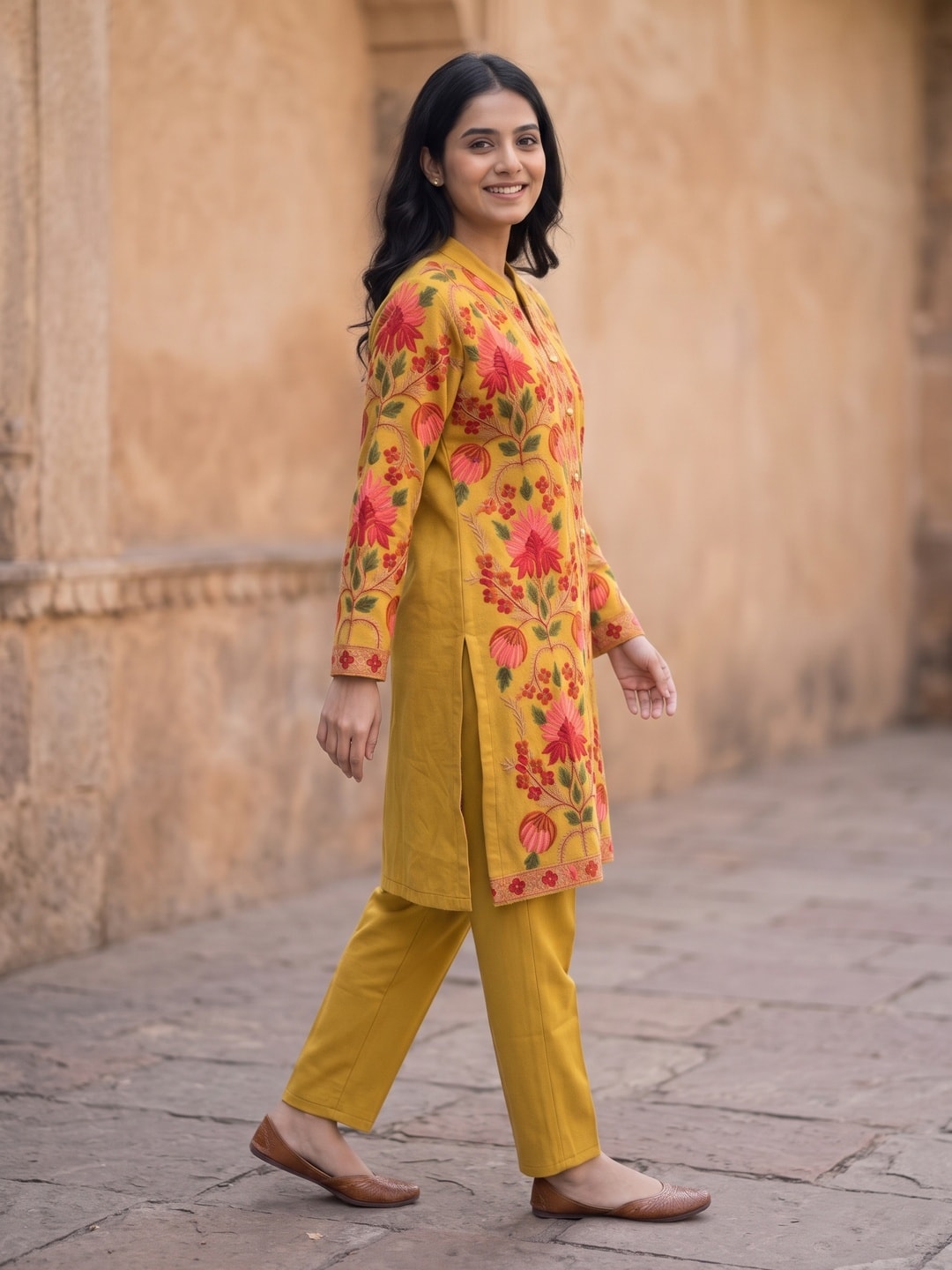Peachmode Mustard Woolen Floral Embroidered Salwar Suit - Image 3