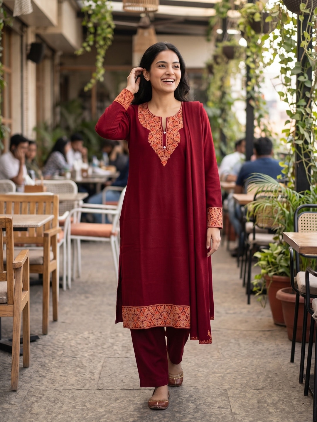 Peachmode Maroon Woolen Embroidered Neck Salwar Suit with Dupatta - Image 2