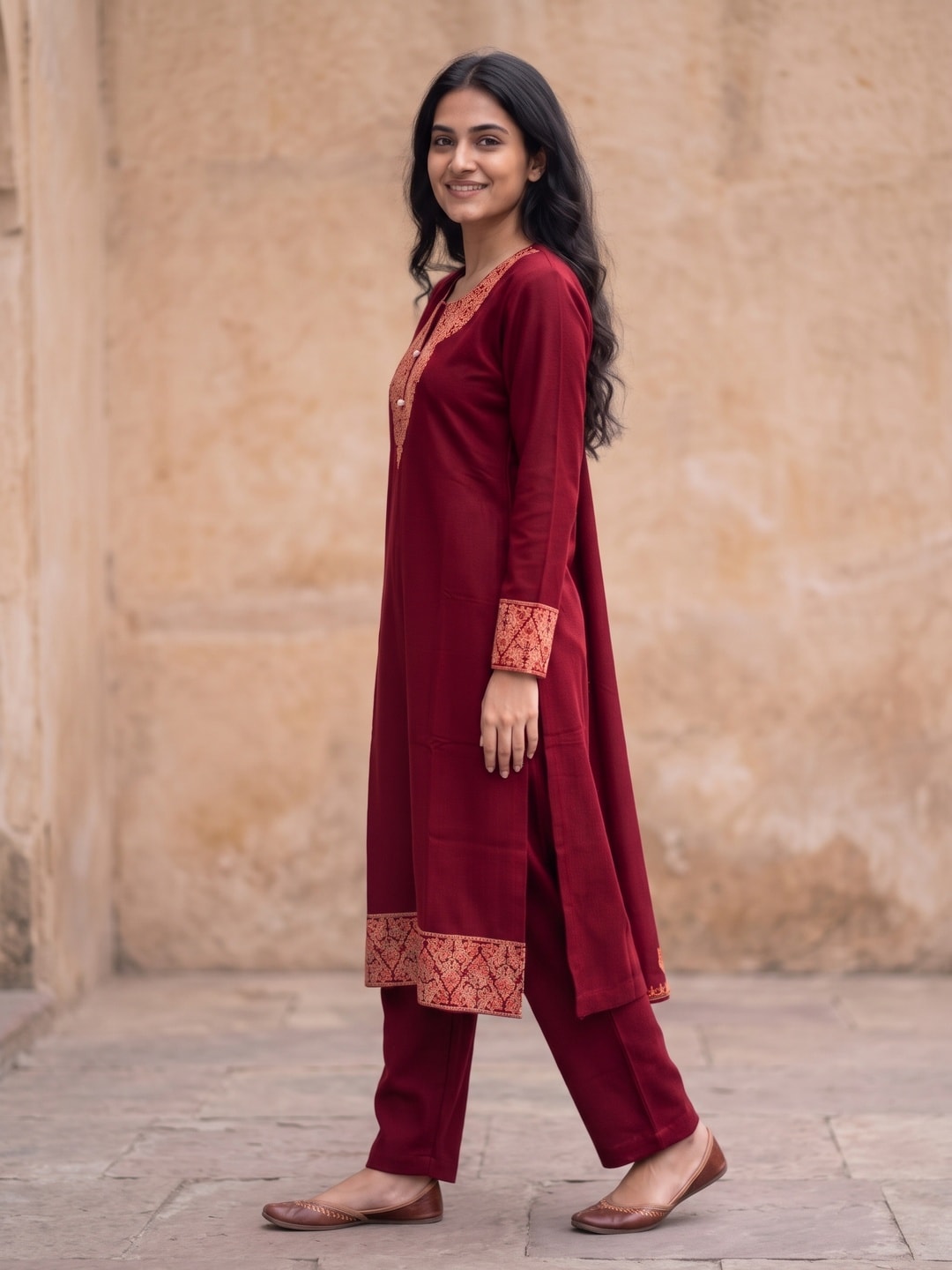 Peachmode Maroon Woolen Embroidered Neck Salwar Suit with Dupatta - Image 3