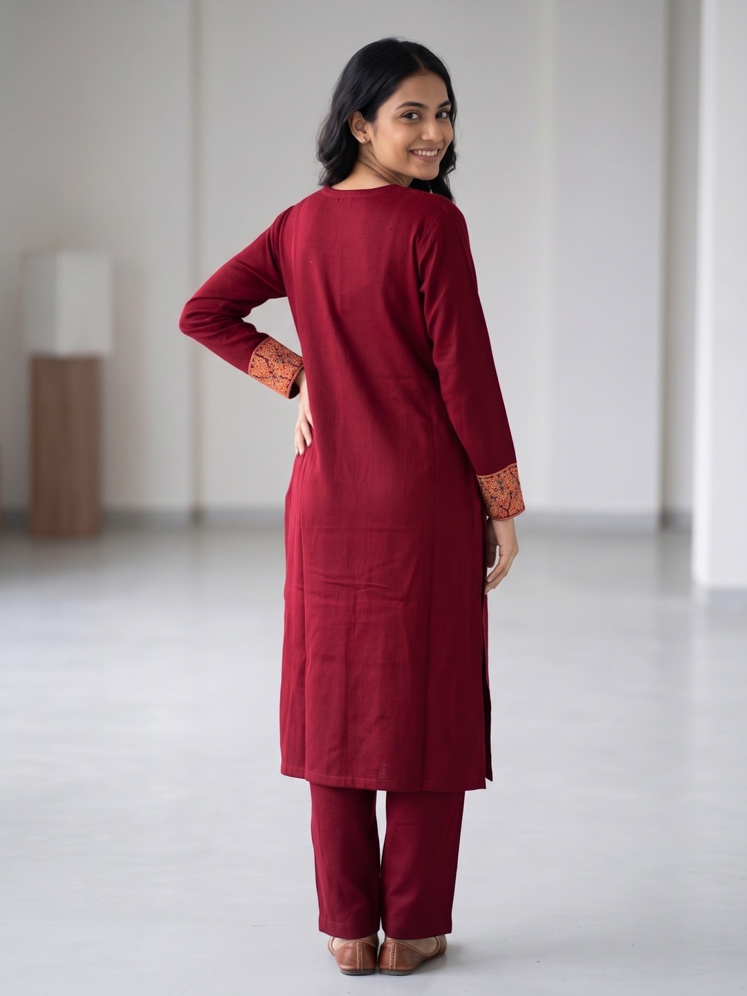 Peachmode Maroon Woolen Embroidered Neck Salwar Suit with Dupatta - Image 4
