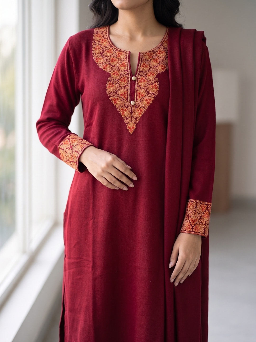 Peachmode Maroon Woolen Embroidered Neck Salwar Suit with Dupatta - Image 5