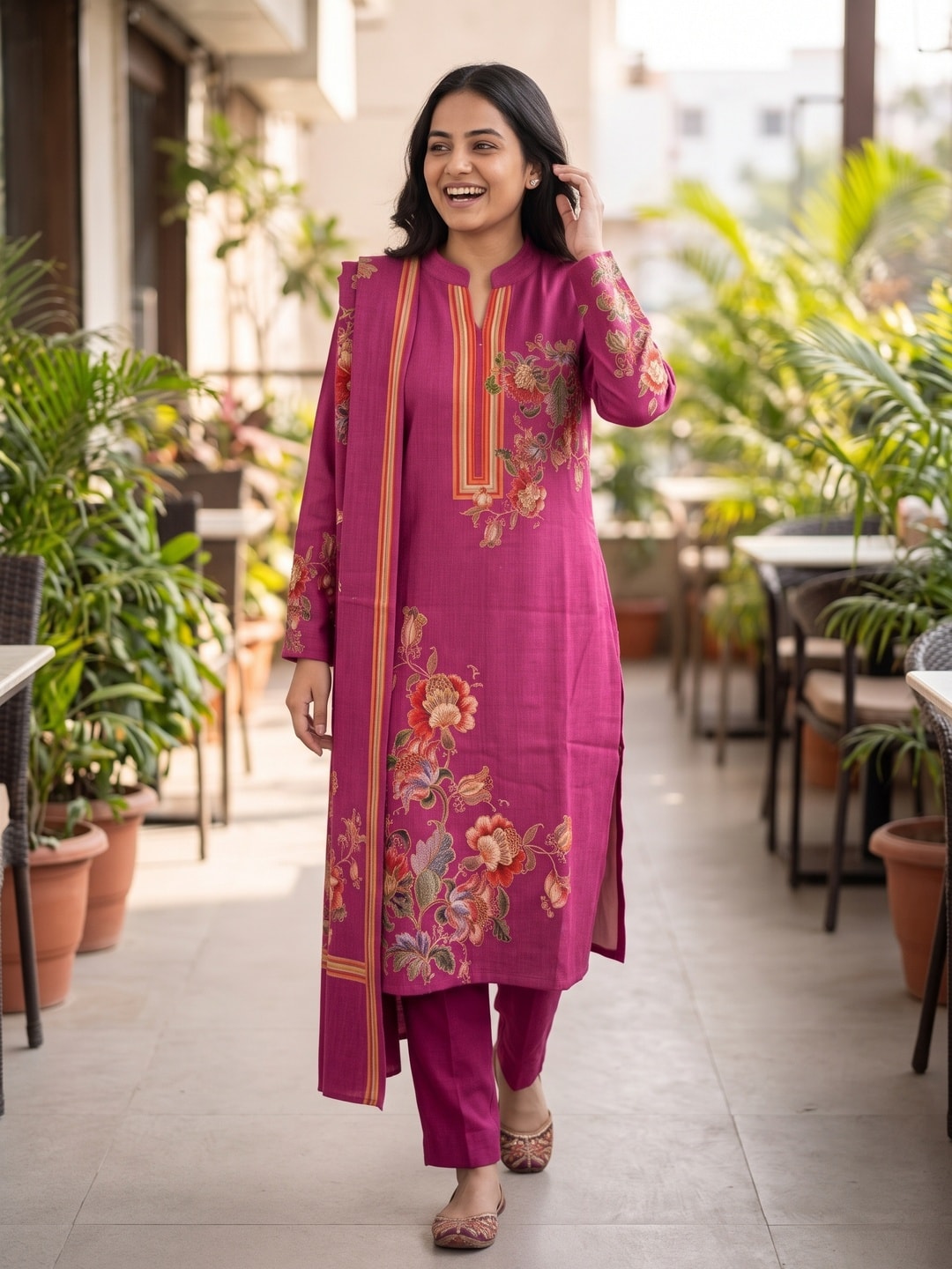 Peachmode Magenta Woolen Floral Bouquet Print Salwar Suit with Dupatta - Image 2