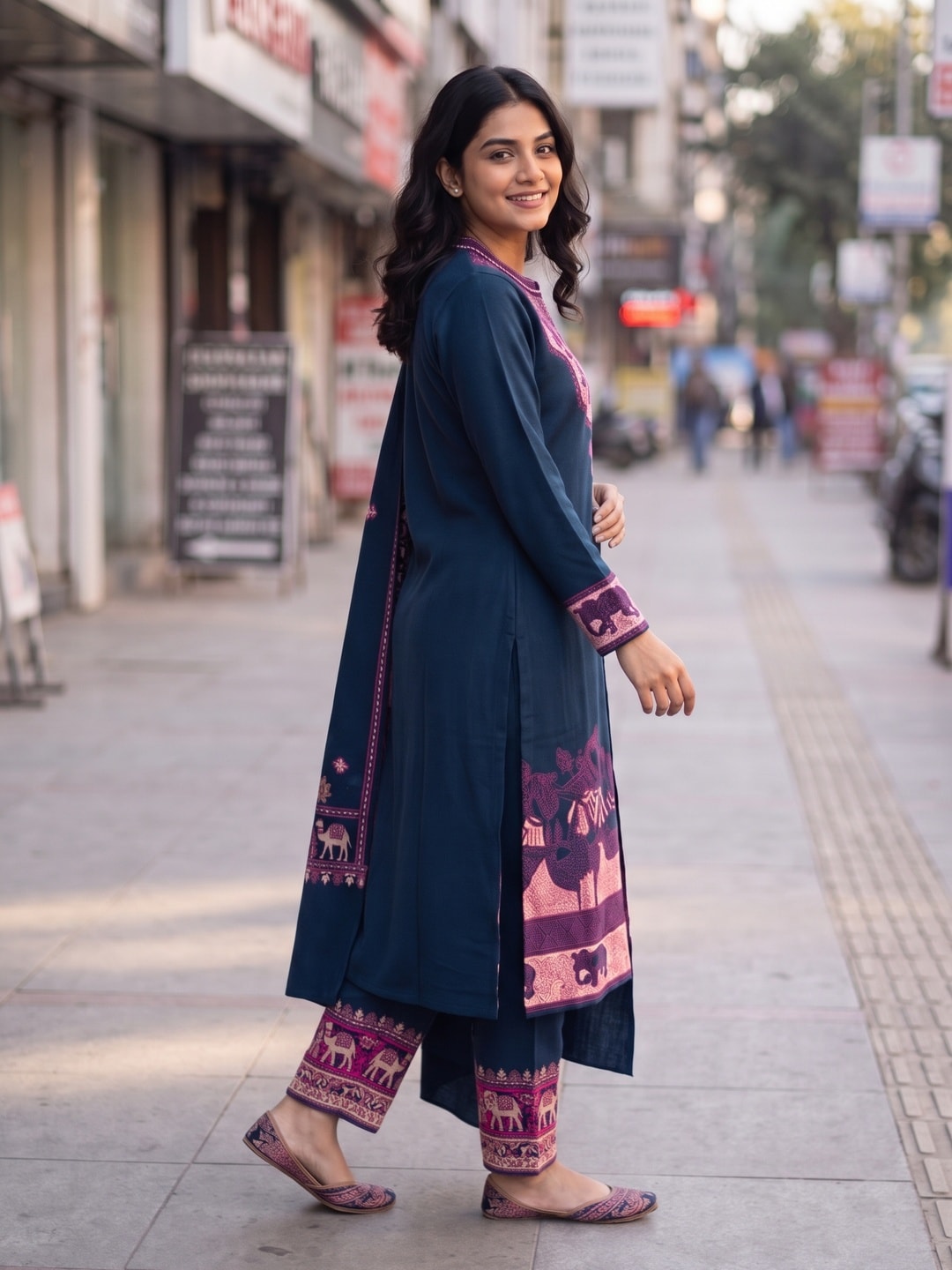 Peachmode Navy Woolen Embroidered Caravan Border Salwar Suit with Dupatta - Image 3