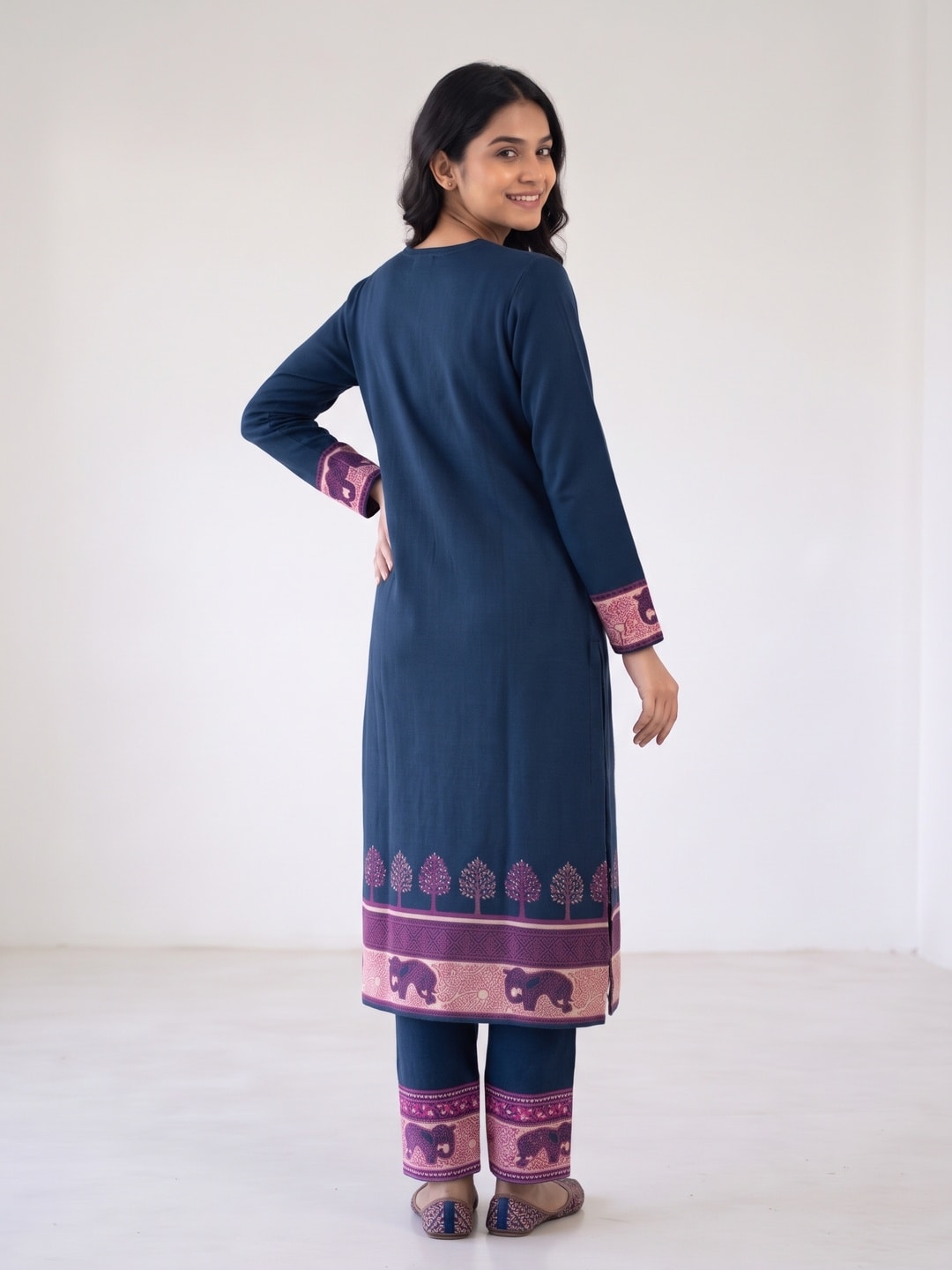 Peachmode Navy Woolen Embroidered Caravan Border Salwar Suit with Dupatta - Image 4