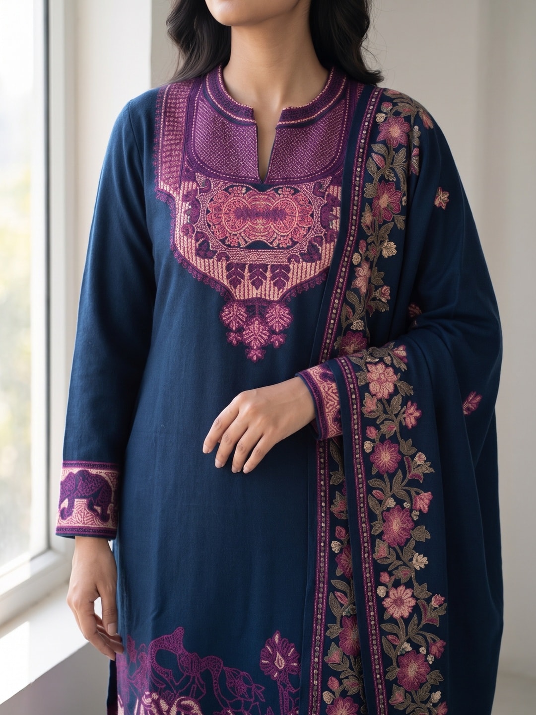 Peachmode Navy Woolen Embroidered Caravan Border Salwar Suit with Dupatta - Image 5