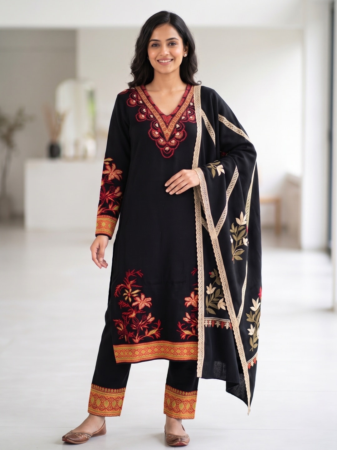 Peachmode Black Woolen Floral Embroidered V-Neck Salwar Suit with Dupatta - Image 1