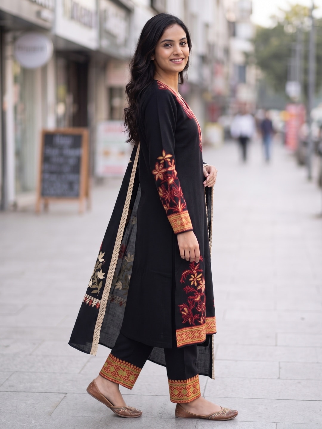 Peachmode Black Woolen Floral Embroidered V-Neck Salwar Suit with Dupatta - Image 3