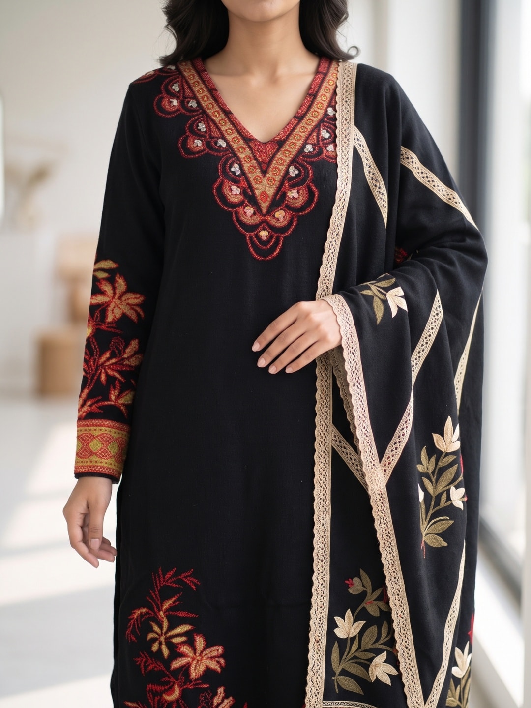 Peachmode Black Woolen Floral Embroidered V-Neck Salwar Suit with Dupatta - Image 5