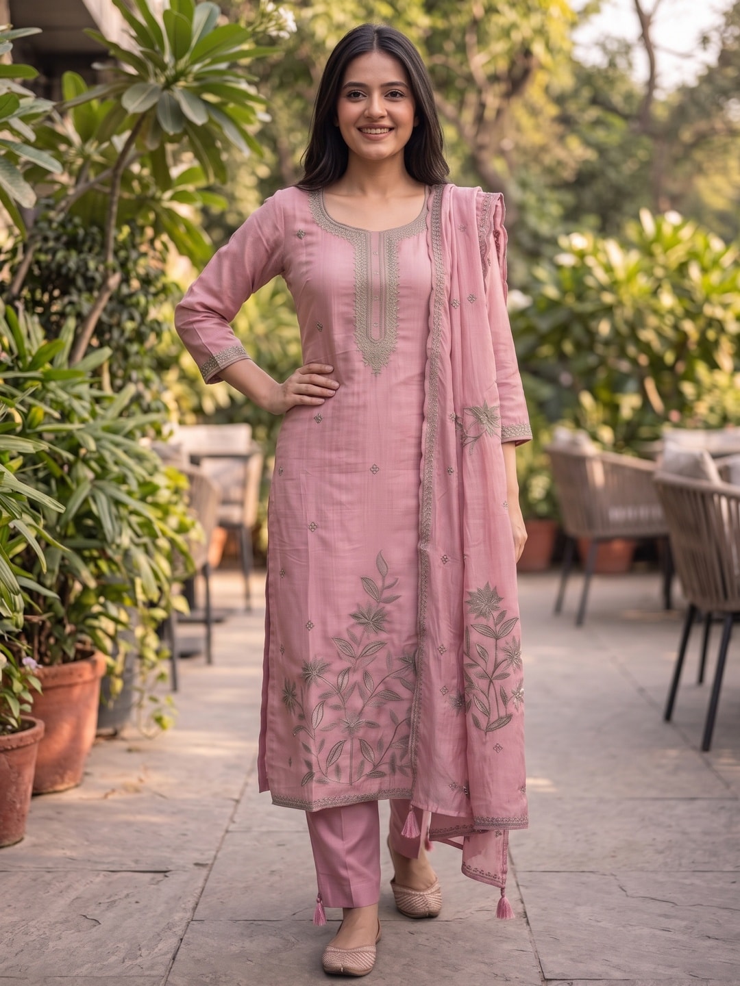Peachmode Dusty Pink Chanderi Silk Embroidered Salwar Suit with Dupatta - Image 1
