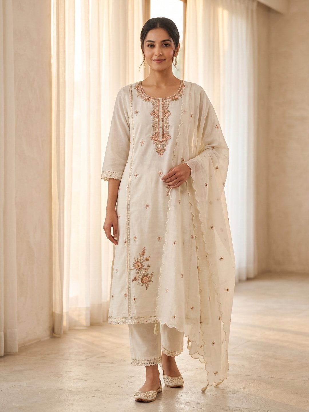Peachmode Off White Viscose Blend Bead Embroidered Salwar Suit with Dupatta - Image 1