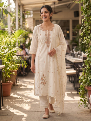 Peachmode Off White Viscose Blend Bead Embroidered Salwar Suit with Dupatta - Image 2