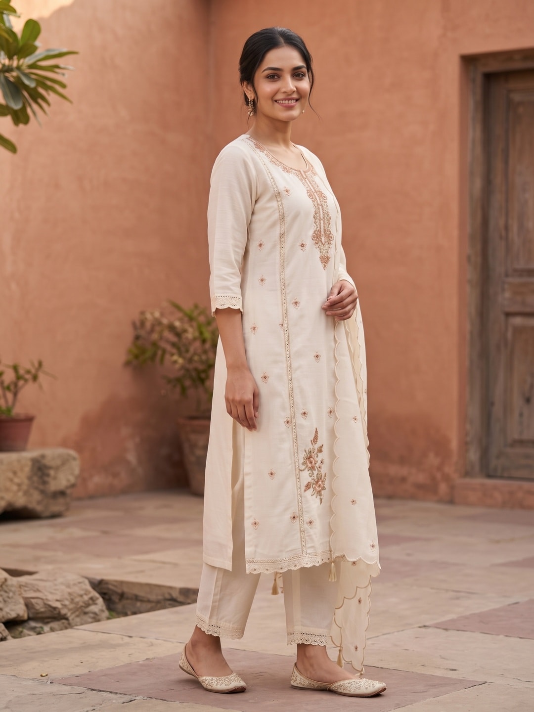Peachmode Off White Viscose Blend Bead Embroidered Salwar Suit with Dupatta - Image 3