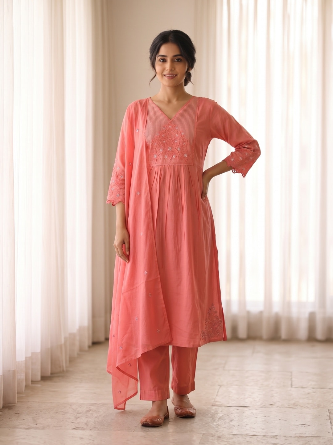 Peachmode Coral Pink Mul Chanderi Floral Embroidered Salwar Suit with Dupatta - Image 1