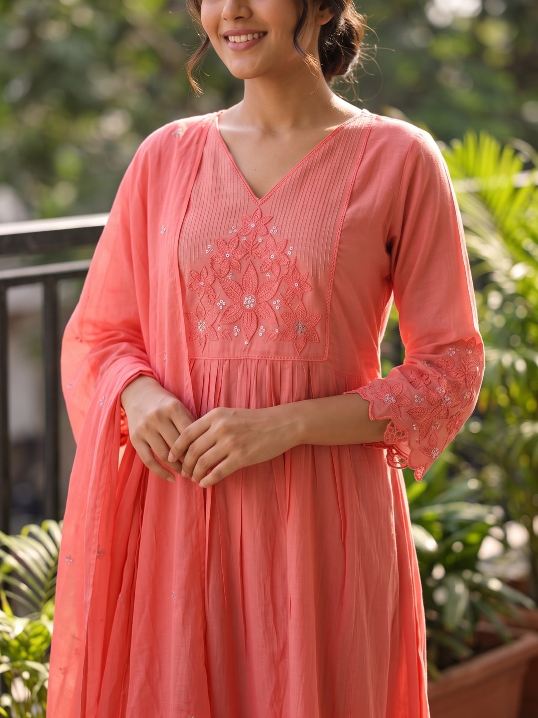 Peachmode Coral Pink Mul Chanderi Floral Embroidered Salwar Suit with Dupatta - Image 5