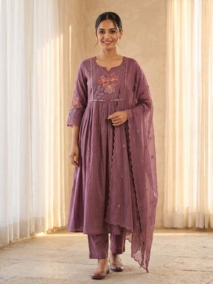 Peachmode Mauve Purple Mul Chanderi Floral Embroidered Salwar Suit with Dupatta - Image 1