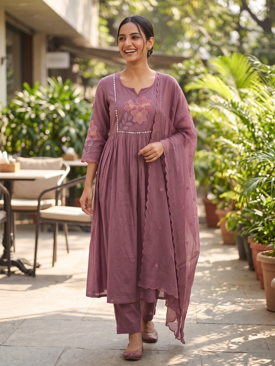 Peachmode Mauve Purple Mul Chanderi Floral Embroidered Salwar Suit with Dupatta - Image 2