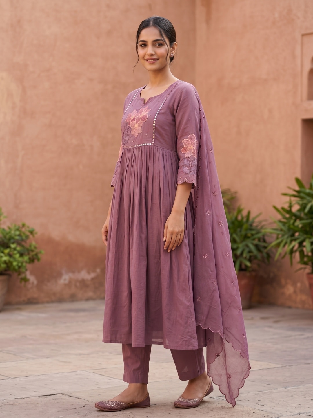 Peachmode Mauve Purple Mul Chanderi Floral Embroidered Salwar Suit with Dupatta - Image 3