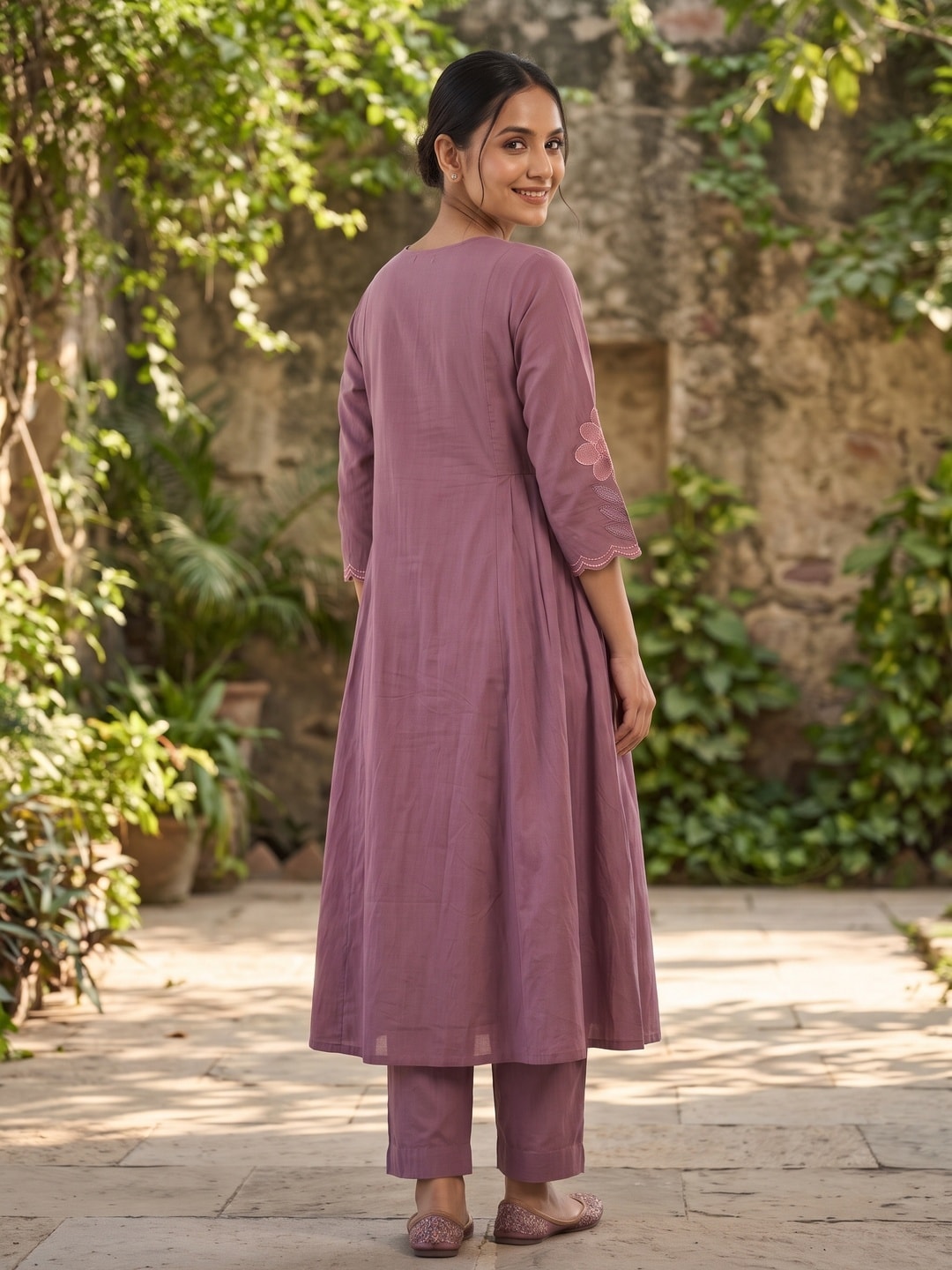 Peachmode Mauve Purple Mul Chanderi Floral Embroidered Salwar Suit with Dupatta - Image 4