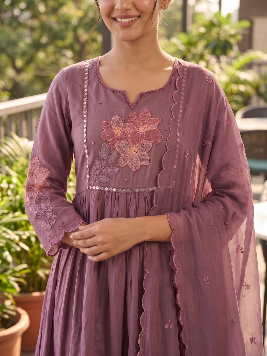 Peachmode Mauve Purple Mul Chanderi Floral Embroidered Salwar Suit with Dupatta - Image 5