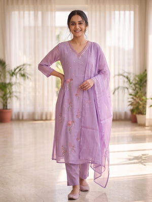 Peachmode Lilac Mul Chanderi Floral Embroidered Salwar Suit with Dupatta - Image 1