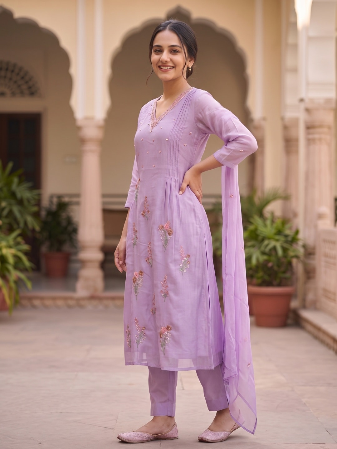 Peachmode Lilac Mul Chanderi Floral Embroidered Salwar Suit with Dupatta - Image 3