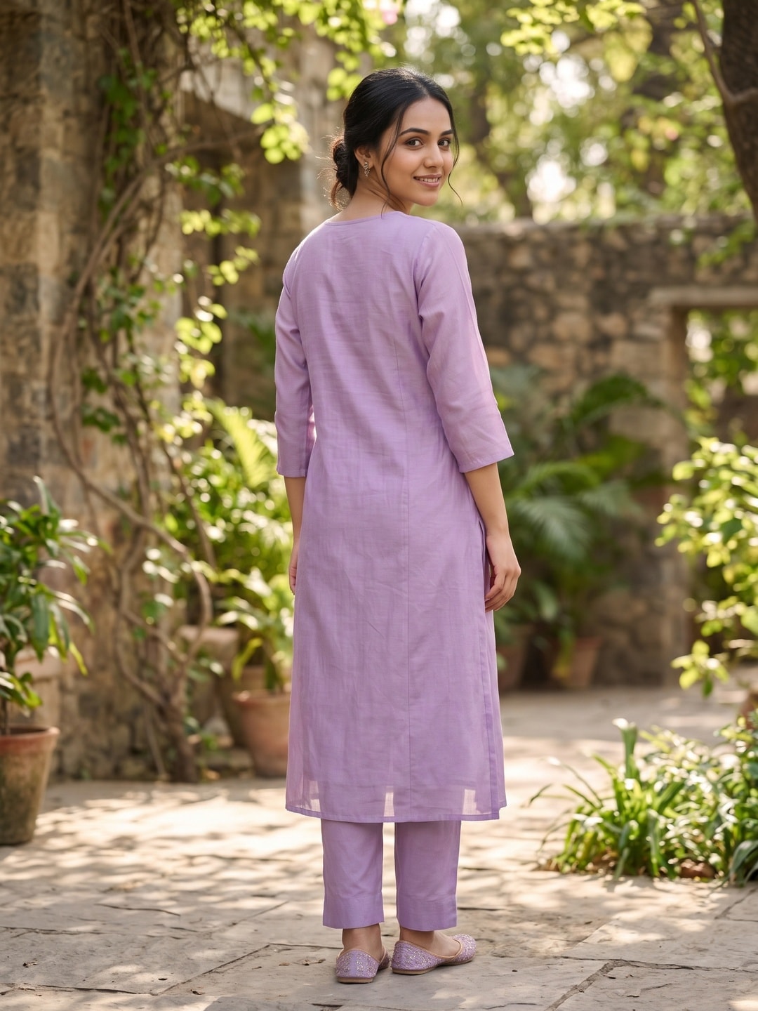 Peachmode Lilac Mul Chanderi Floral Embroidered Salwar Suit with Dupatta - Image 4
