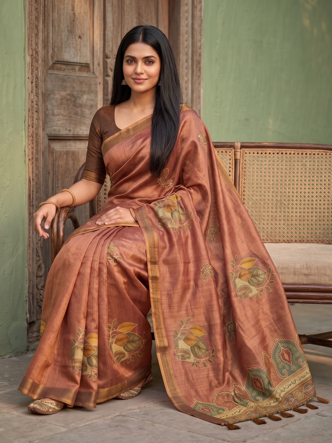 Peachmode Rust Erode Silk Digital Print Saree With Aari Work And Tassels - Image 5